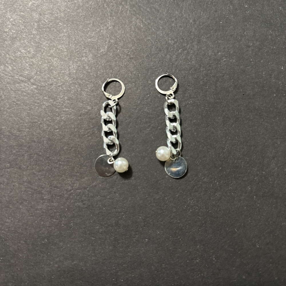 Silver and Pearl Chain Drop Earrings